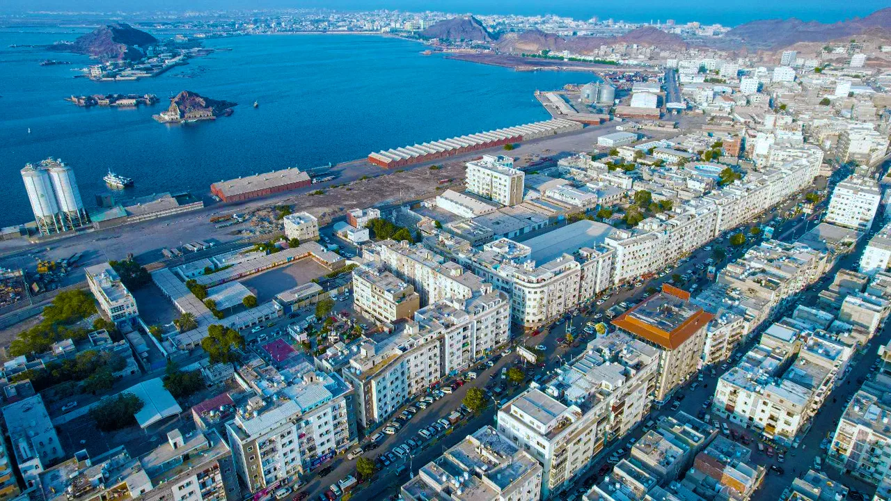 An aerial view of Aden's Maalla district and harbour, Yemen (file photo, May 2023). Aden's airport is the main gateway to southern Yemen. This photo does not depict any event reported in this article.