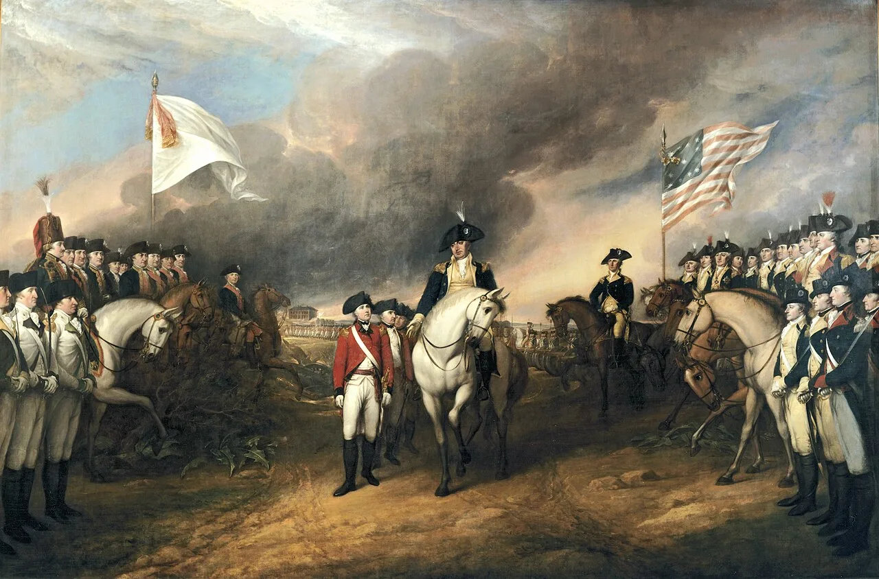 John Trumbull's painting of the surrender of Lord Cornwallis at Yorktown, showing the British army marching between French and American lines on 19 October 1781. This is a later history painting in the U.S. Capitol, not a contemporary depiction of the event itself.