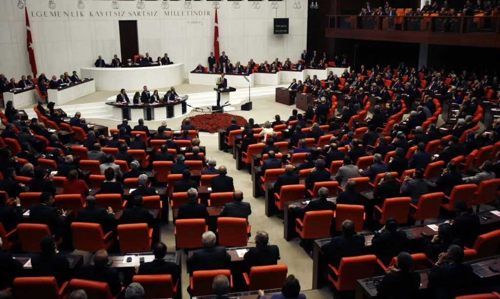 The general assembly chamber of the Grand National Assembly of Turkey in Ankara (file photo). A ruling-party lawmaker told Reuters a mandate to deploy military personnel to Saudi Arabia will be submitted to parliament once the Mecca pact's ratification bill is approved. This photo does not depict any event reported in this article.