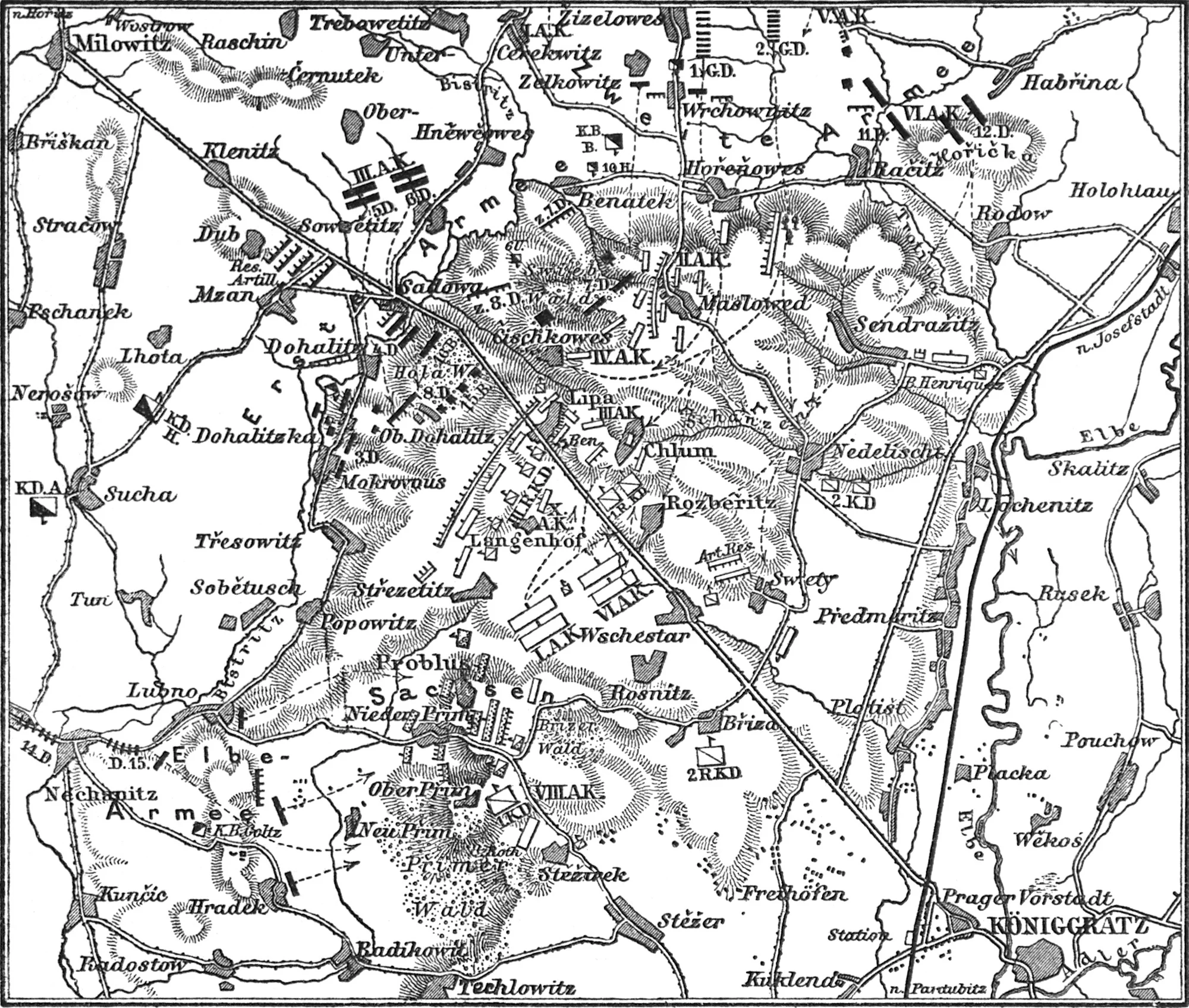 Contemporary German map of the Königgrätz battlefield, 3 July 1866, from Meyers Konversations-Lexikon (1890) — a period reference map showing unit positions and terrain, not a depiction of combat.