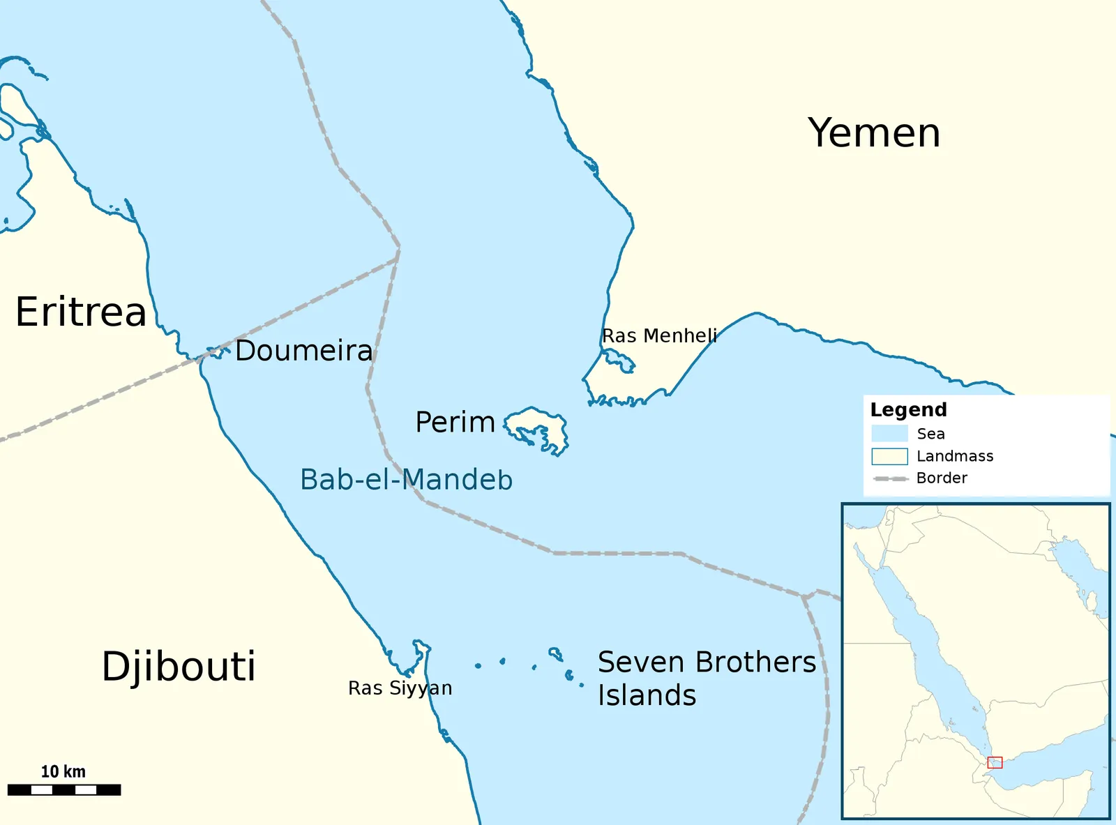Map of the Bab el-Mandeb strait between Yemen, Djibouti, and Eritrea (reference map; it does not depict any events described in this article).