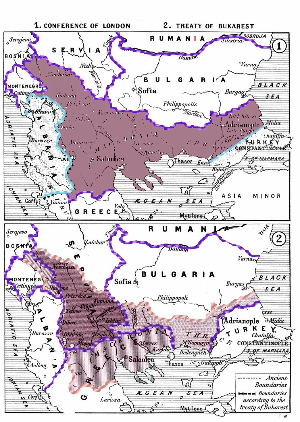 Map of Balkan boundaries after the First and Second Balkan Wars, 1912–1913, from the 1914 Carnegie report.