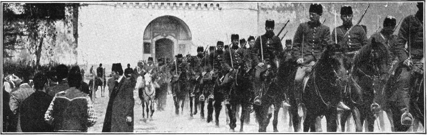 Ottoman cavalry on the march — a period illustration from The New Student's Reference Work (1914), not a photograph of the war's events. Ottoman forces in Europe were overwhelmed by the Balkan League's rapid offensives in the autumn of 1912.