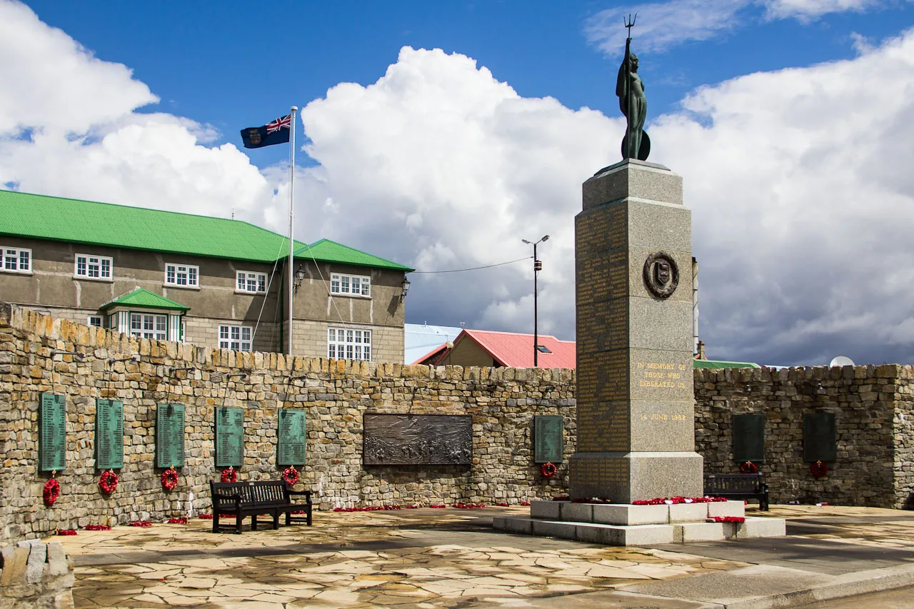 The 1982 Liberation Memorial in Stanley, capital of the Falkland Islands, photographed in 2012. The memorial commemorates the British personnel who died in the 1982 war. It does not depict the fighting.