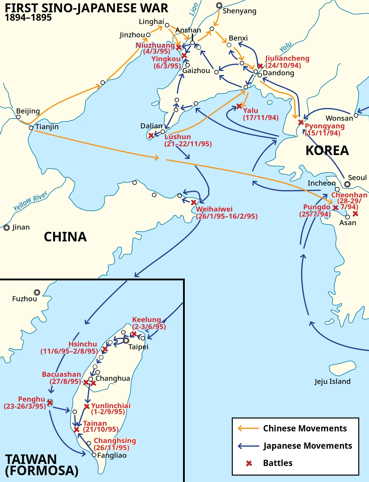 Map of the First Sino-Japanese War, 1894-1895, showing Chinese and Japanese movements, the battles in Korea, Manchuria and Shandong, and the later campaign in Taiwan. A modern reference map. - Map: Hoodinski, via Wikimedia Commons (CC BY-SA 3.0)