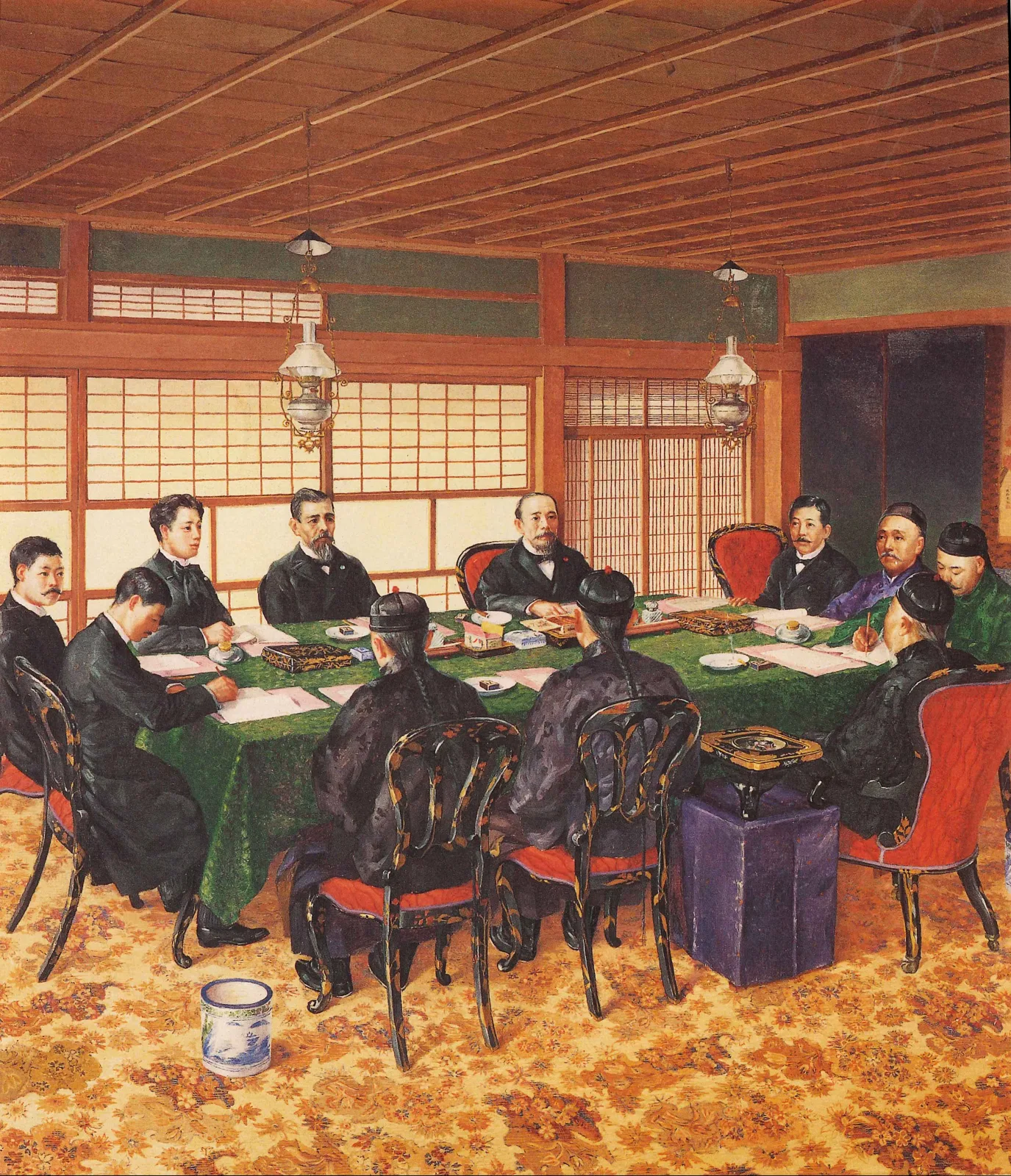 Painting of the peace conference at Shimonoseki, by Nagatochi Hideta, in the Meiji Memorial Picture Gallery. Japanese and Qing delegates sit at the conference table where the Treaty of Shimonoseki was negotiated in March-April 1895. This is a later commemorative painting; it is not a photograph of the signing.