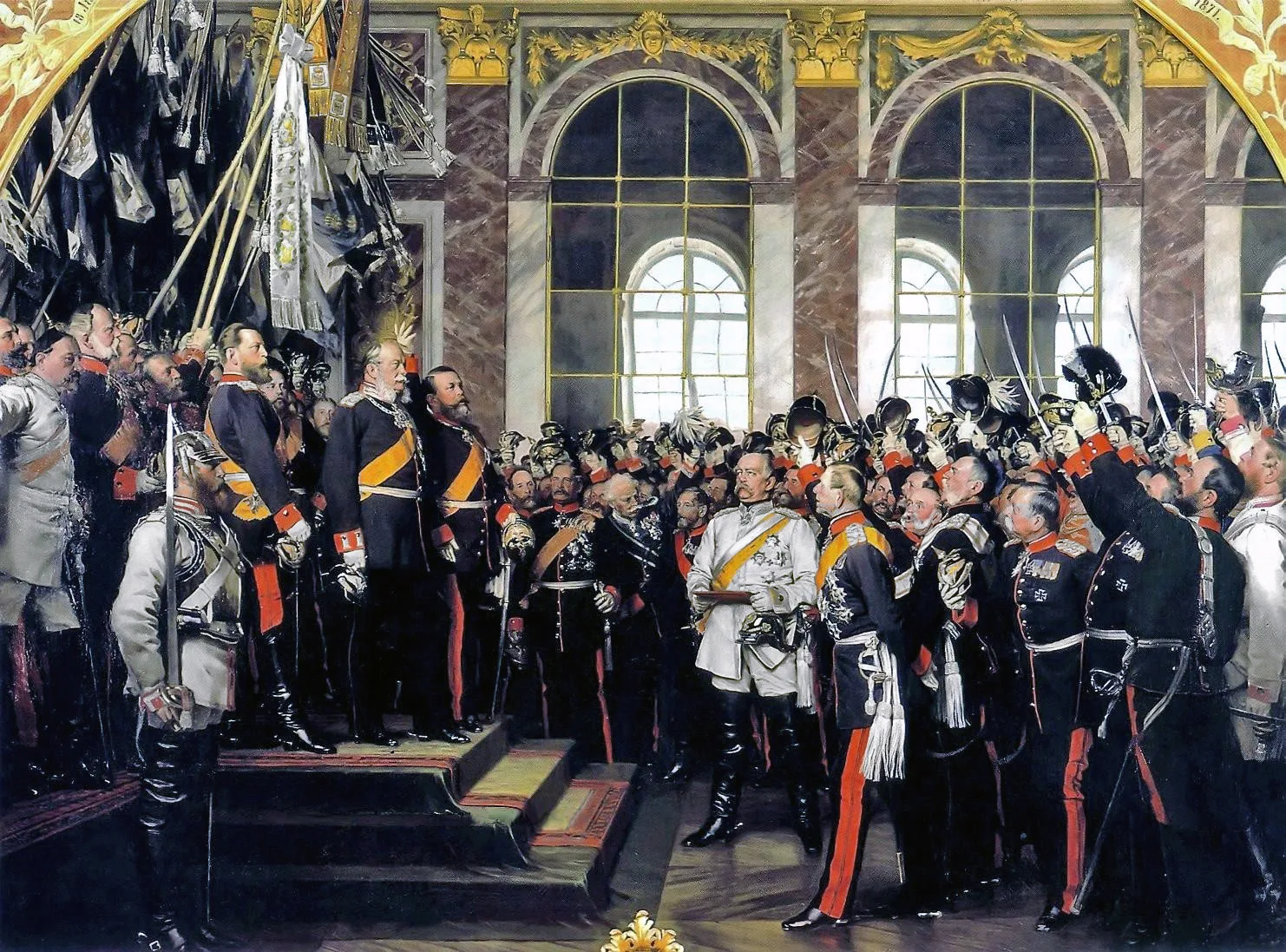 Anton von Werner's 1885 painting of the proclamation of Wilhelm I as German Emperor in the Hall of Mirrors at Versailles, 18 January 1871. The scene was painted fourteen years after the event; the figures appear as they looked in the 1880s.