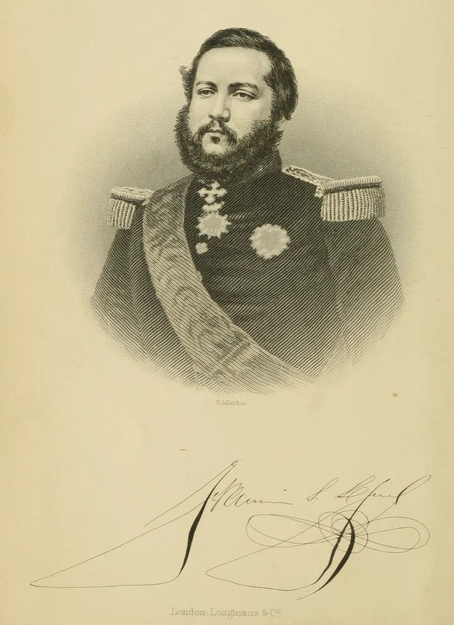 Engraved portrait of Francisco Solano López with his signature, from George Thompson's 'The War in Paraguay' (1869) — the Paraguayan president who declared war on Brazil and Argentina in turn and led his country through the whole conflict until his death in 1870. Period portrait, not a depiction of the war.