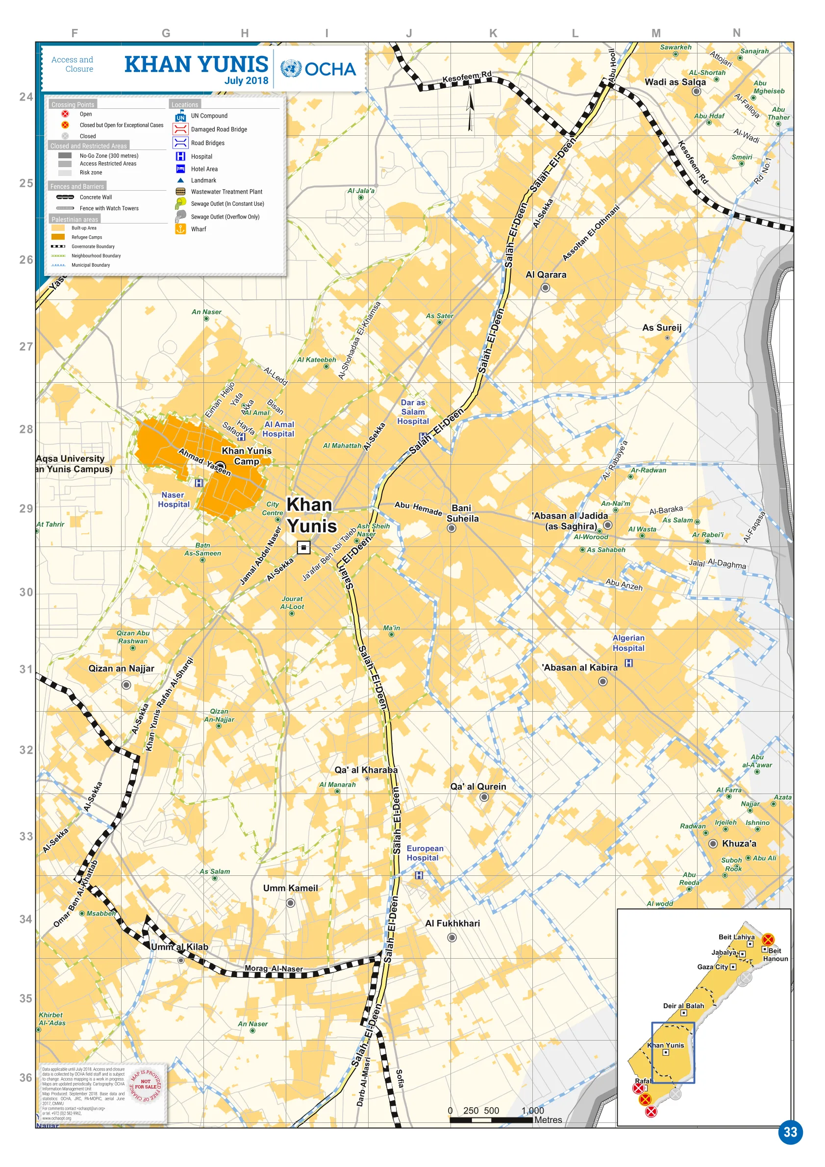 An OCHA access-and-movement map for the Khan Yunis area of southern Gaza (file map, July 2018). Access maps have long divided Gaza into zones Palestinians may and may not enter; the Yellow Line is the latest and largest such division. This map predates the Yellow Line and does not depict it.