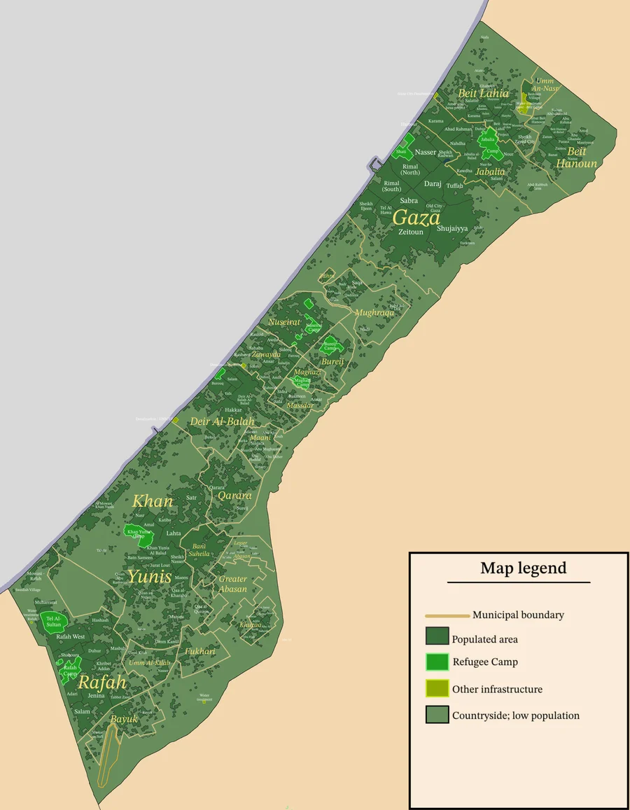 Map of the Gaza Strip showing Gaza City, Deir al-Balah, Khan Yunis and Rafah (file graphic). This map does not depict any event reported in this article.