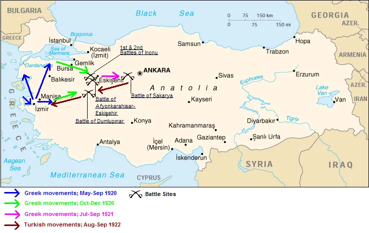 Map of the Greco-Turkish War in western Anatolia, based on a United States CIA map, showing the Greek advances of 1920 and 1921, the battle sites at Inonu, Afyonkarahisar-Eskisehir, Sakarya and Dumlupinar, and the Turkish advance of August-September 1922. A schematic map, not a depiction of any single battle. - United States Government (CIA), via Wikimedia Commons (public domain)