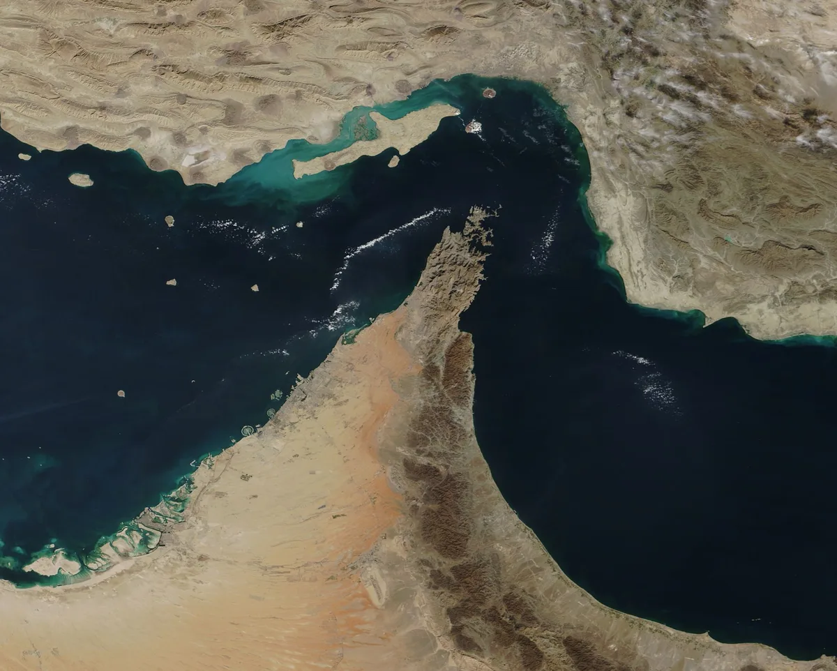 NASA satellite view of the Strait of Hormuz and Oman's Musandam Peninsula. — Image: NASA MODIS Land Rapid Response Team / Wikimedia Commons (public domain)