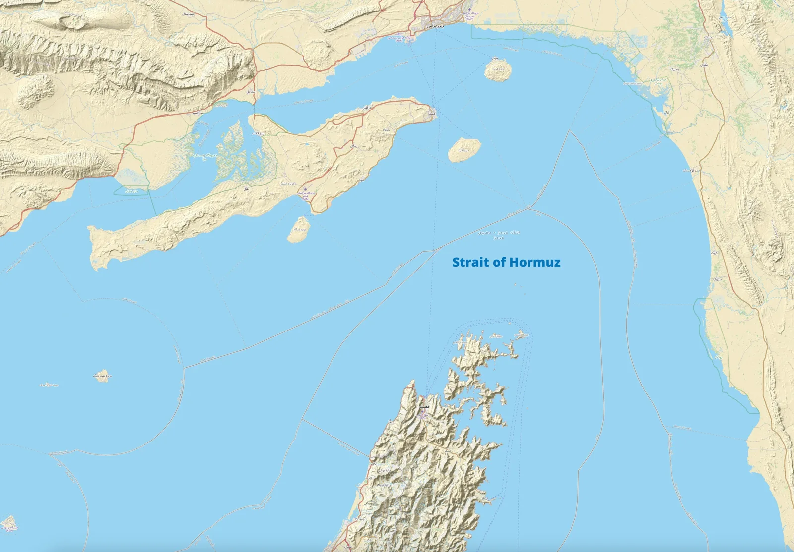 A map of the Strait of Hormuz between Iran, Oman and the United Arab Emirates (file image). Iran's seven-day proposal would fully reopen the strait if the US meets its conditions, and an IRGC official has threatened the undersea cables beneath it. This map does not depict any event reported in this article.