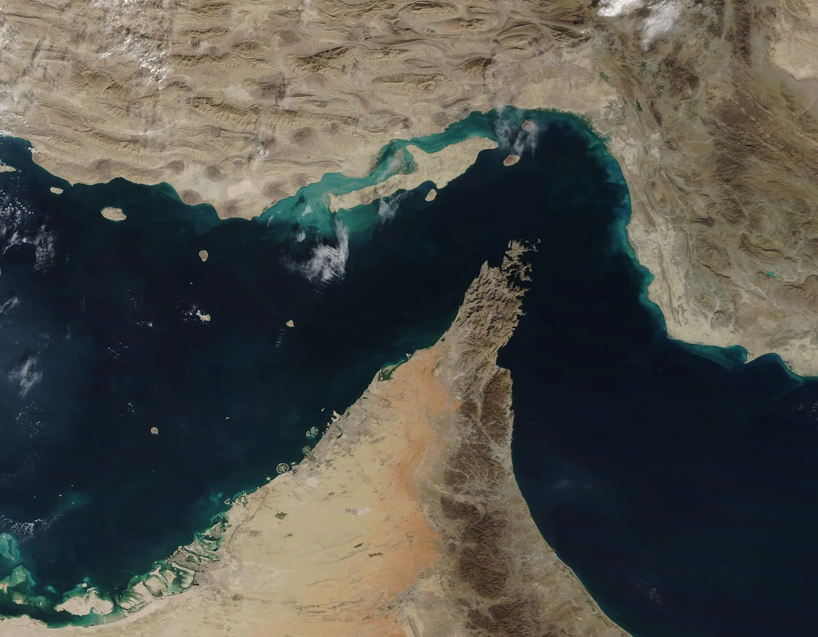 Satellite view of the Strait of Hormuz, the waterway at the center of the US-Iran diplomacy. This photo does not depict current military activity.