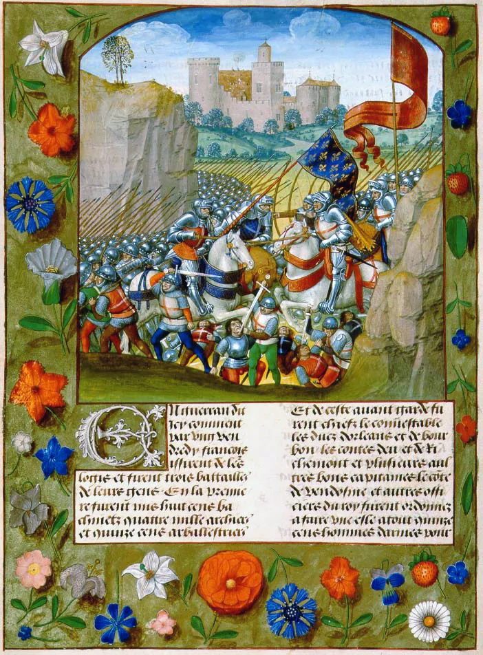 A c. 1495 manuscript miniature of the Battle of Agincourt, from Enguerrand de Monstrelet's Chronique de France. - Miniature: workshop of Enguerrand de Monstrelet (CC BY 4.0), via Wikimedia Commons