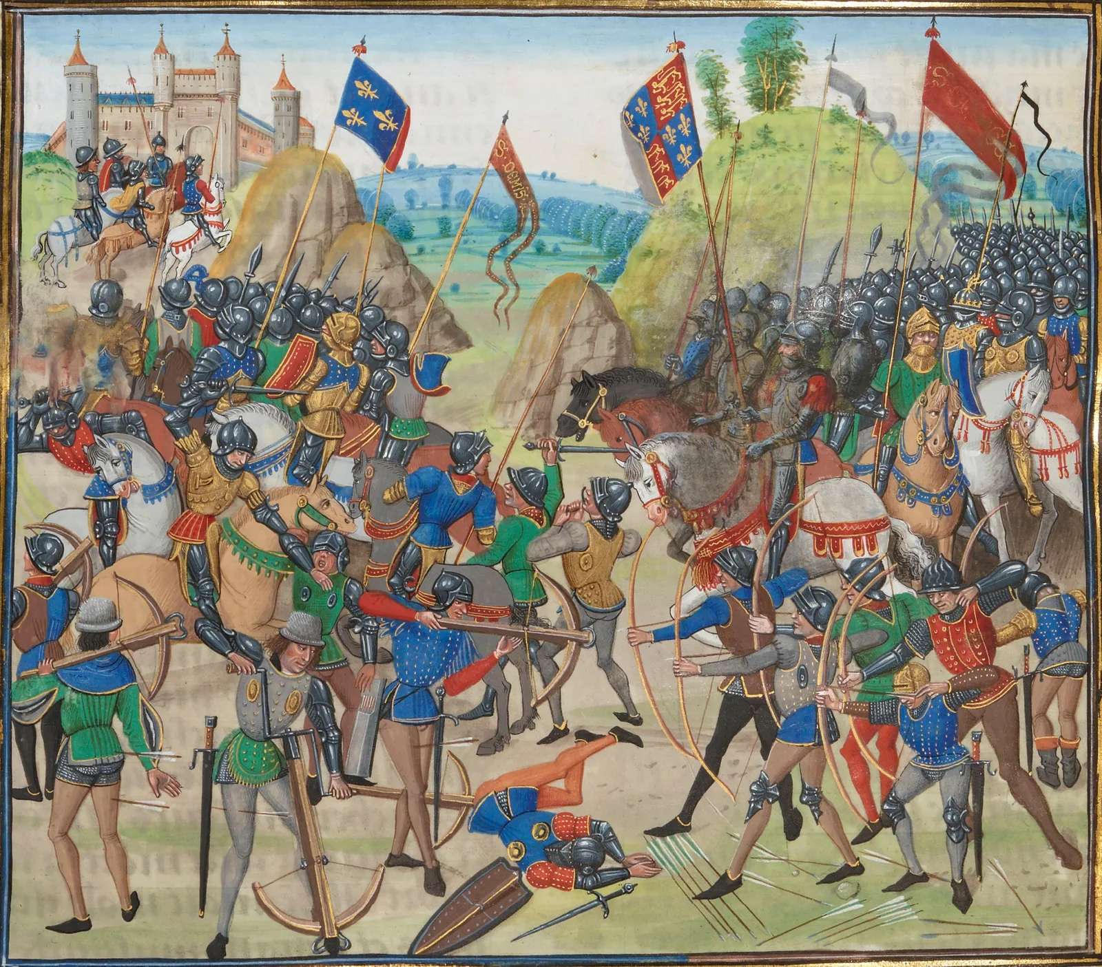 A 15th-century manuscript illustration of the Battle of Crécy (1346), from an illuminated copy of Jean Froissart's Chronicles — a period depiction of the battle, not a modern reconstruction.