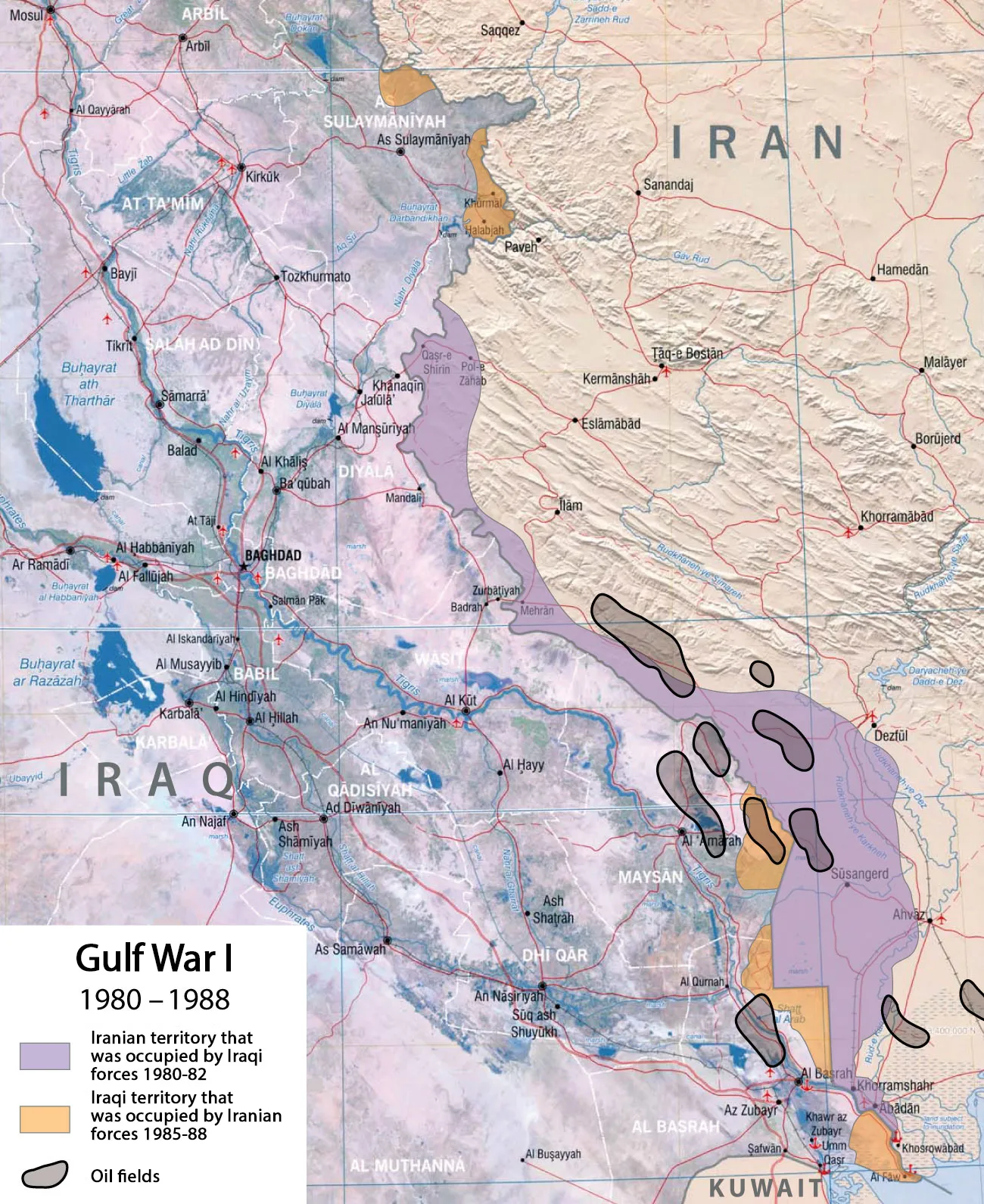 Reference map of the ground war: Iranian-held territory is shaded purple, Iraqi-held territory tan, with major oil fields marked. A modern map made from published sources — not a depiction of the war's combat.