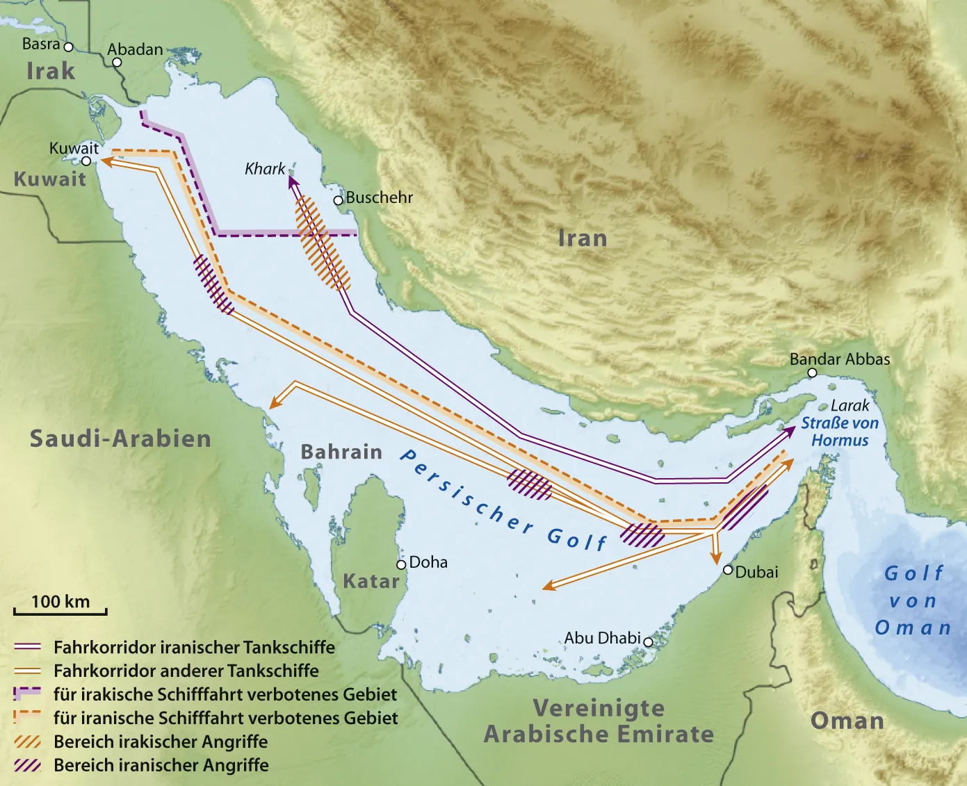 Map of the 1984–88 Tanker War: tanker corridors, exclusion zones, and the areas of Iraqi and Iranian attacks in the Persian Gulf. The legend is in German; it is an archival-style reference map, not a depiction of any attack. - Map: NordNordWest, via Wikimedia Commons (CC BY-SA 3.0)