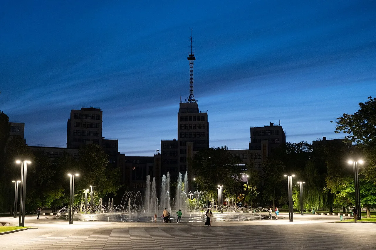 The Derzhprom building and Freedom Square in Kharkiv at dusk (file photo). This photo does not depict any event reported in this article.