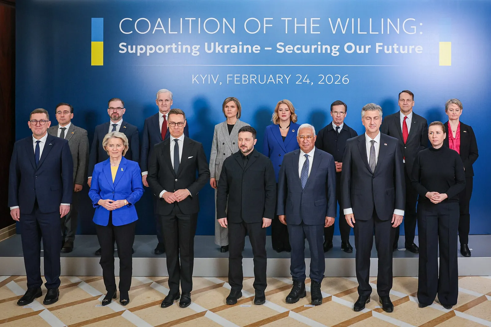 European leaders, including Finland's President Alexander Stubb (front row, third from left) and Norway's Prime Minister Jonas Gahr Støre (back row, fourth from left), with President Volodymyr Zelenskiy at a Coalition of the Willing meeting in Kyiv (file photo, February 24, 2026). This photo does not depict any event reported in this article.