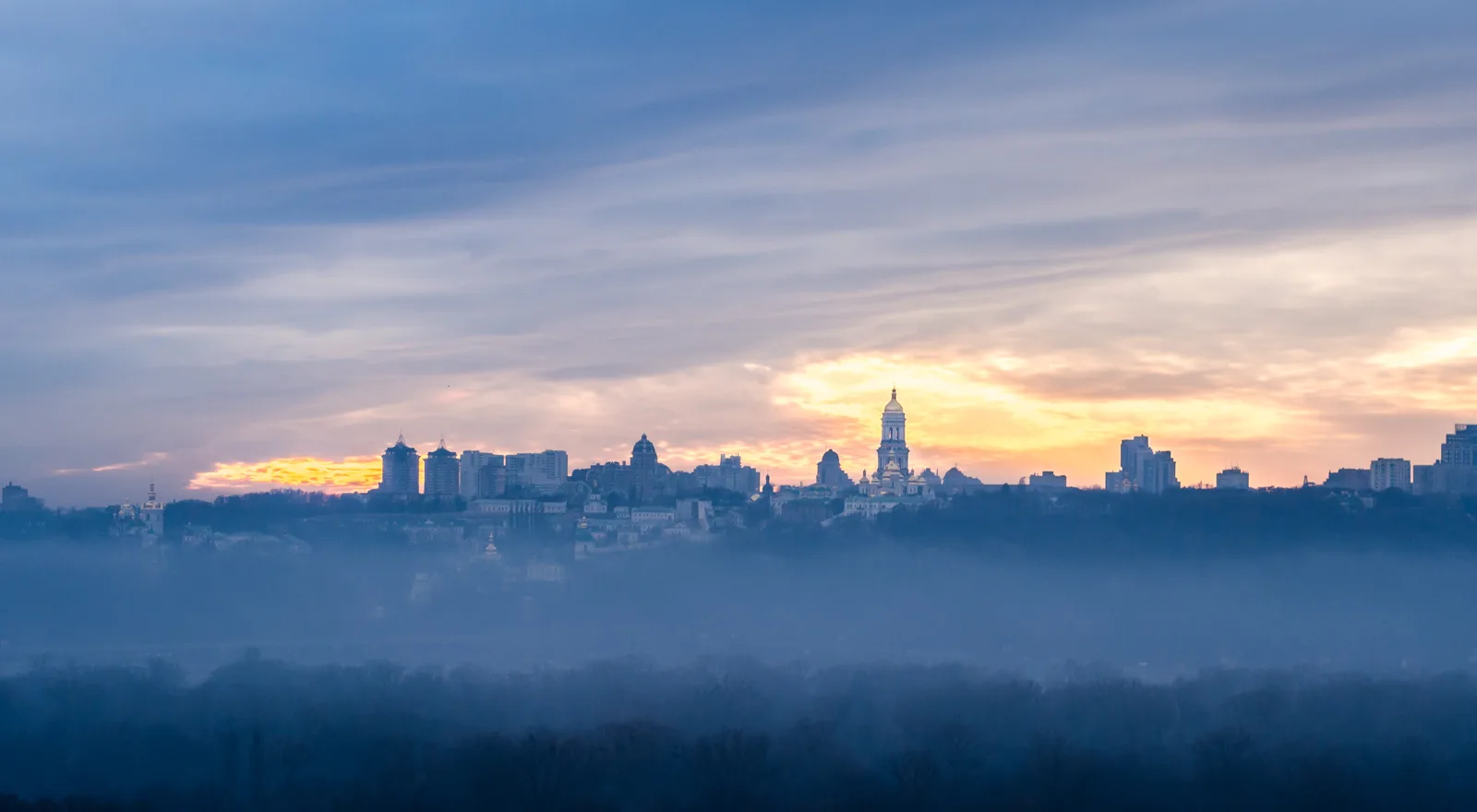 The Kyiv skyline at dawn. This photo does not depict the September 30 strikes.