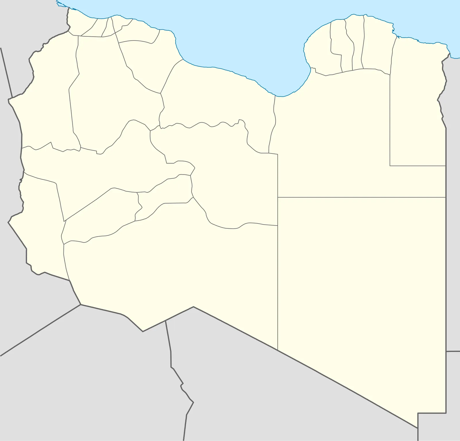 Location map of Libya showing administrative divisions and the Mediterranean coastline. Cartography: NordNordWest. — Image: NordNordWest / Wikimedia Commons (CC BY 3.0)