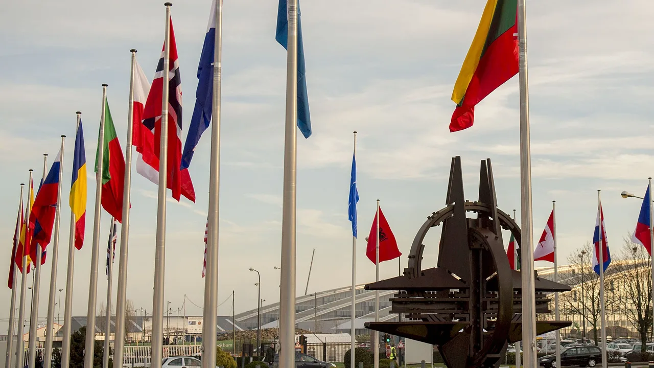 Flags at NATO headquarters in Brussels (file photo). The Innovation Fund is backed by 24 NATO nations. This photo does not depict any event reported in this article.