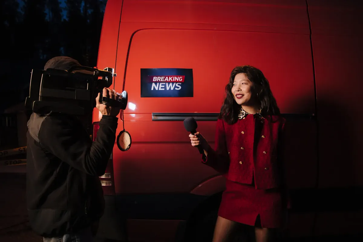 A television news crew at work beside a broadcast van.