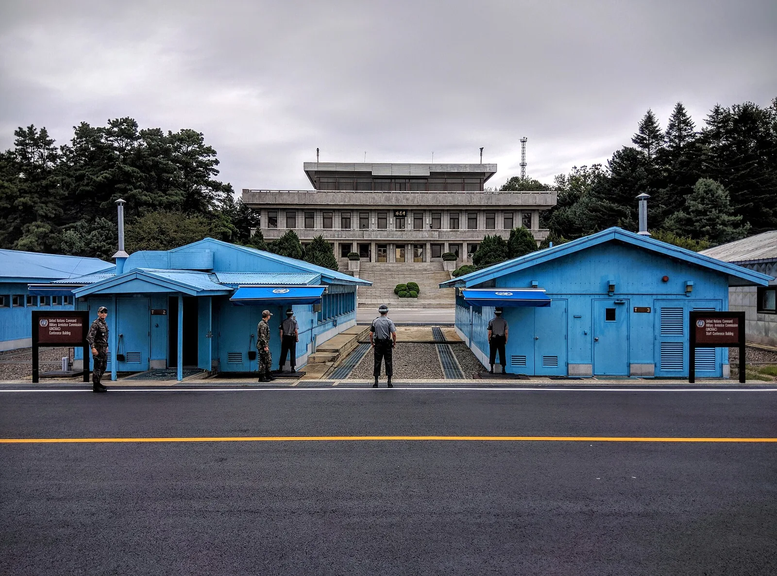 The blue conference buildings of the Joint Security Area at Panmunjom, in the Demilitarized Zone between North and South Korea (file photo). This photo does not depict any event reported in this article.