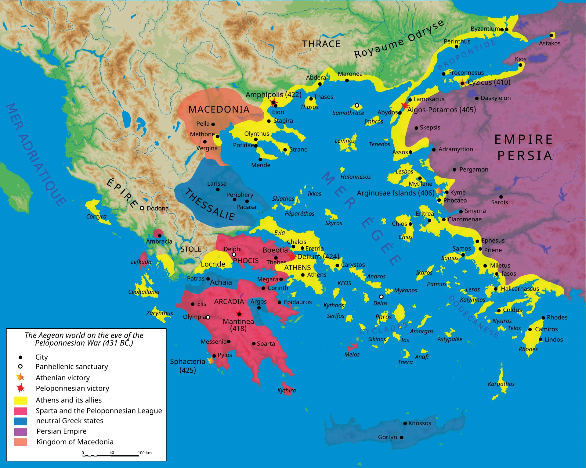 Map of the Aegean world on the eve of the Peloponnesian War (431 BC) — Athens and its allies in yellow, Sparta and the Peloponnesian League in pink, the Persian Empire in purple. A modern scholarly map, not a contemporary record.