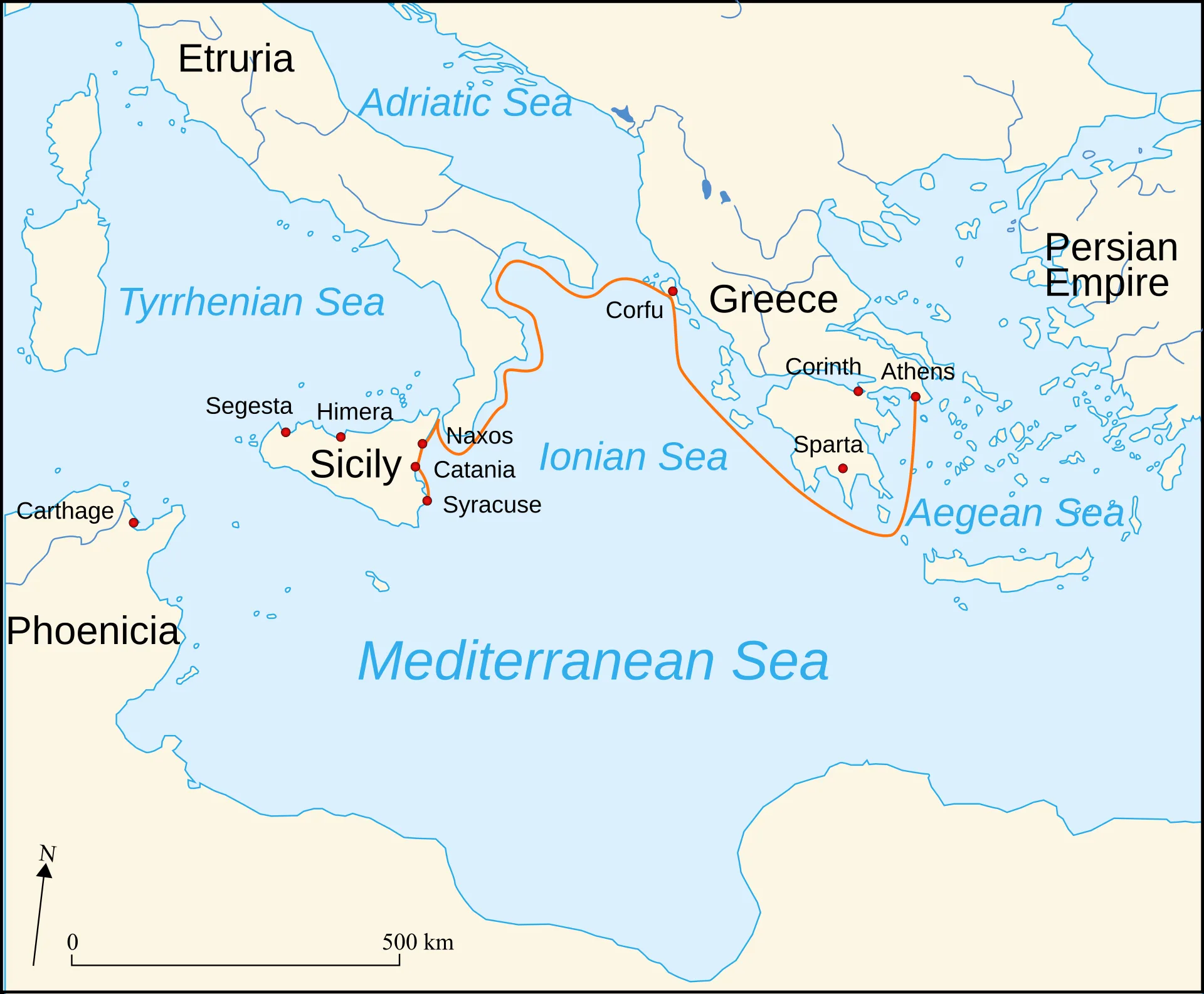 Map showing the route of Athens' Sicilian Expedition (415–413 BC), from Athens via Corfu around southern Italy to Catania and Syracuse in eastern Sicily. - Map: Morn, via Wikimedia Commons (CC BY-SA 4.0)
