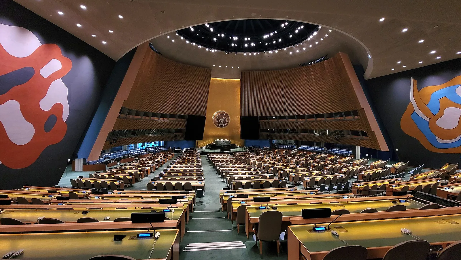 The interior of the UN General Assembly hall in New York City. Generic photo; it does not depict the transfer of the North Korean prisoners of war.