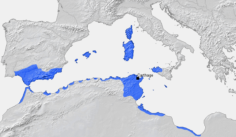 Map of Carthage's sphere of influence in the western Mediterranean immediately before the First Punic War (264 BC). The blue regions — coastal North Africa, southern Iberia, the Balearics, Corsica, Sardinia, and western Sicily — were Carthaginian territory; Italy was Rome's. - Map: BishkekRocks, released into the public domain, via Wikimedia Commons