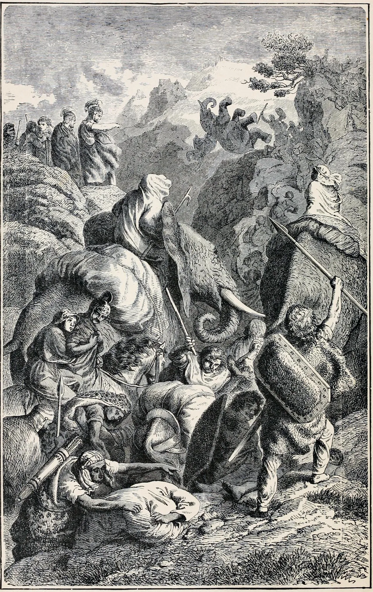 A 19th-century engraving of Hannibal's army crossing the Alps into Italy with war elephants (218 BC) — a Victorian artist's imagining of the march, not a record of the event.