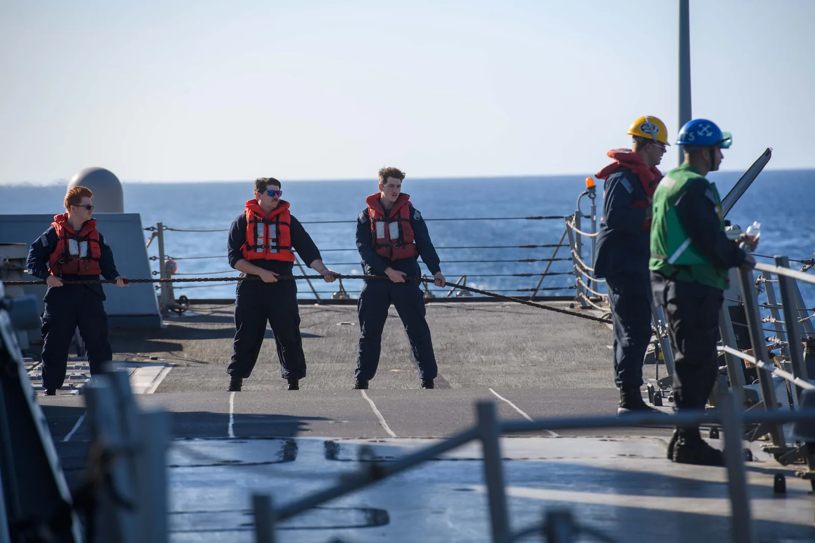 The destroyer USS Mason during a replenishment-at-sea in the Red Sea.