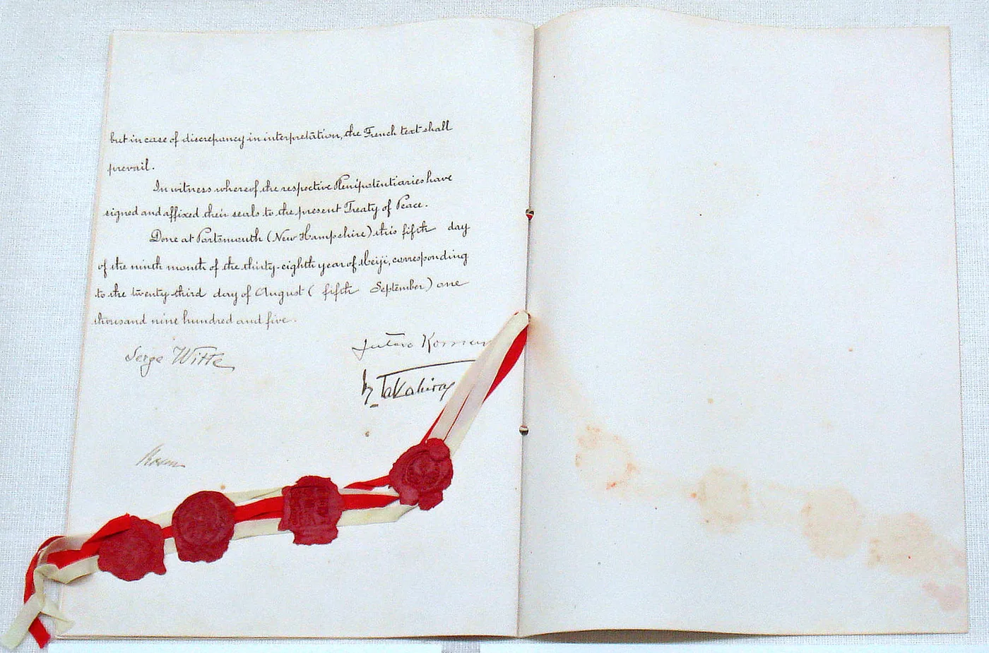 The signature page of the Treaty of Portsmouth, dated September 5, 1905, with the wax seals and signatures of the Russian and Japanese envoys. - Photo: via Wikimedia Commons (public domain)