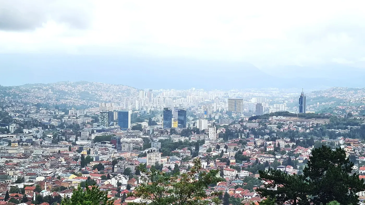 A panorama of Sarajevo, capital of Bosnia and Herzegovina, seen from the hills above the city (file photo, 2022). Sarajevo was besieged from 1992 to 1996, the longest siege of a capital city in modern warfare. This photo does not depict the war.