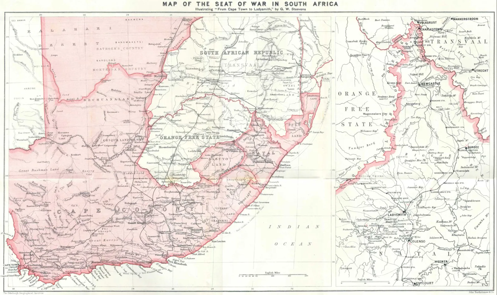 A contemporary map of the seat of war in South Africa, published to illustrate G. W. Steevens's 'From Cape Town to Ladysmith' (1899), showing the South African Republic, the Orange Free State, Natal and the Cape Colony. A period map, not a depiction of any single battle.