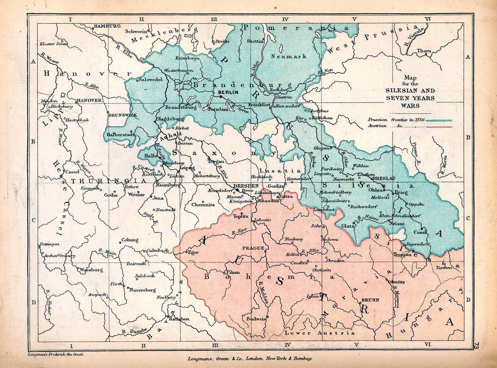 Map of Central Europe's principal theaters of the Silesian and Seven Years' Wars, showing Prussian (blue) and Austrian (red) territory as of 1756. Archival reproduction from Frederick William Longman's 1903 'Frederick the Great and the Seven Years' War' — not a period artifact.