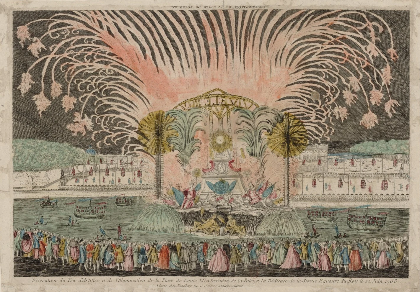 A 1763 hand-colored Paris engraving of the fireworks and illuminations at the Place Louis XV celebrating the peace — and the dedication of Louis XV's equestrian statue — on 22 June 1763. A depiction of celebration, not of the war's combat.