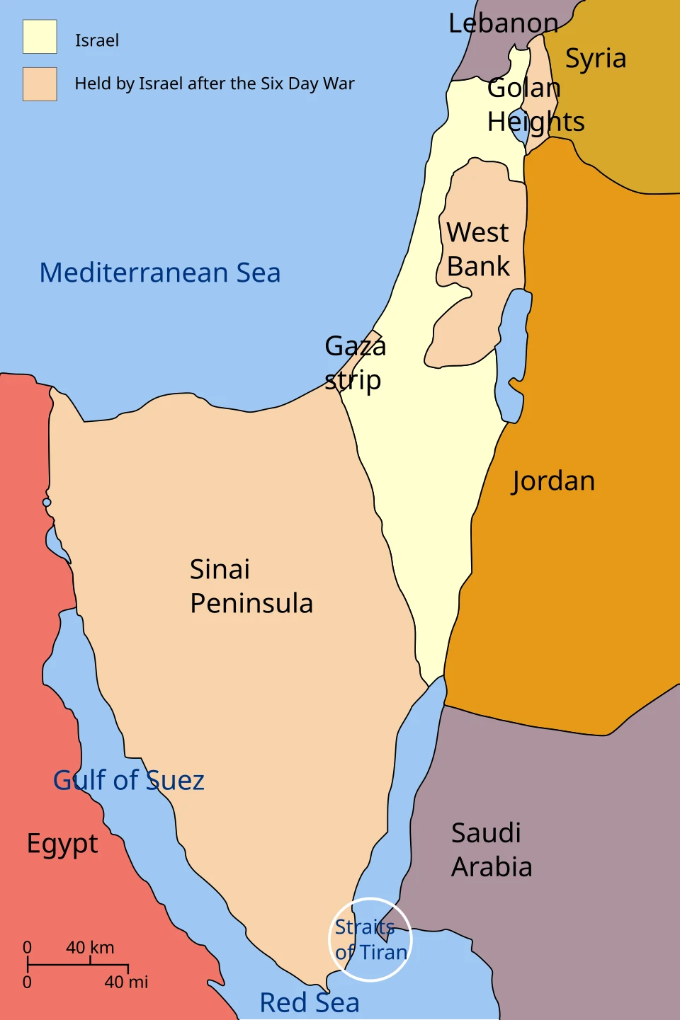 Map of Israel and the territories held by Israel after the Six-Day War: the Sinai Peninsula and Gaza Strip, the West Bank, and the Golan Heights, with the Straits of Tiran circled at the foot of the Sinai. A modern reference map, not a contemporary record. - Map: Ling.Nut / Rafy, via Wikimedia Commons (CC BY-SA 3.0)
