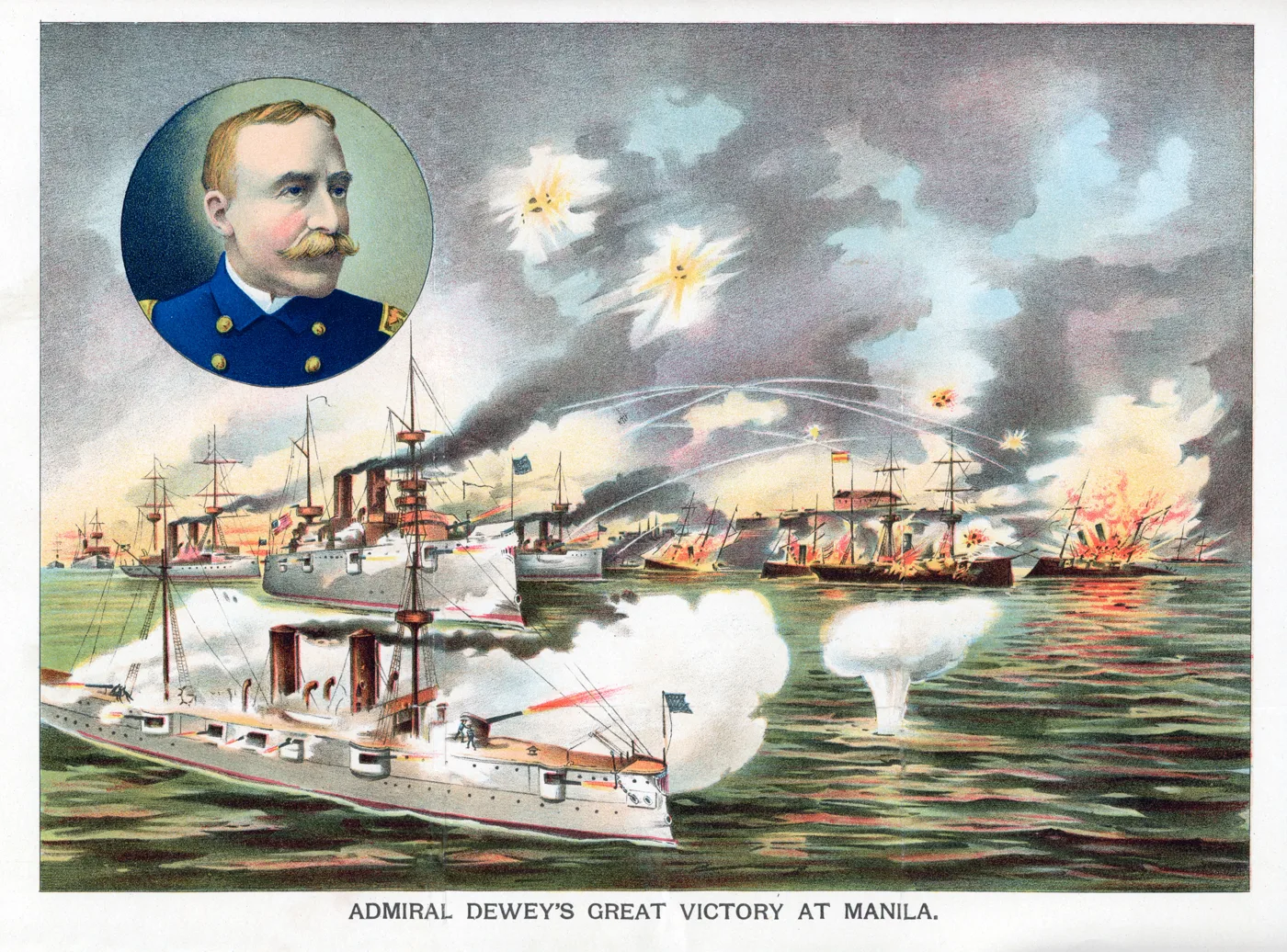 Contemporary chromolithograph, 'Admiral Dewey's Great Victory at Manila', showing the Battle of Manila Bay of 1 May 1898 with a portrait inset of Commodore George Dewey. A celebratory American print of 1898, not a photograph of the battle. - Unknown artist, via Wikimedia Commons (public domain)
