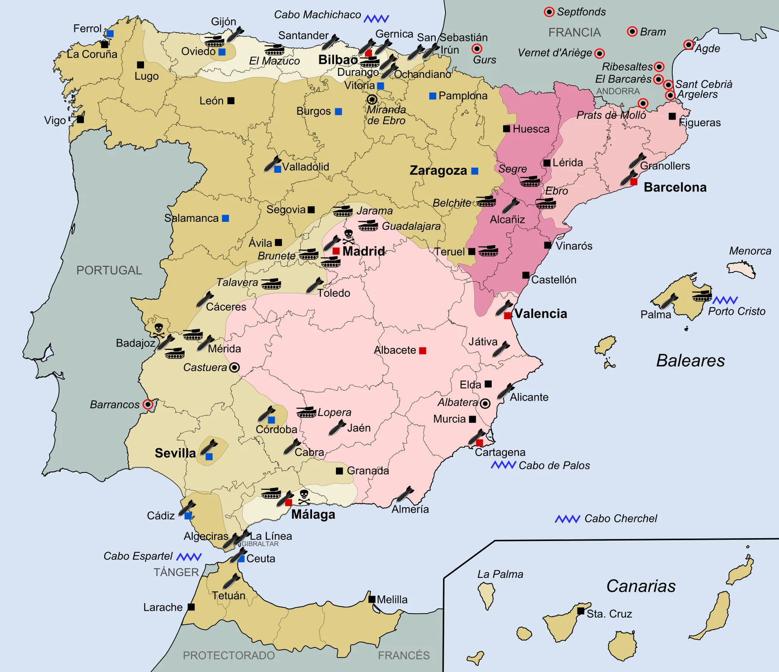 A modern reference map of the Spanish Civil War (1936–39), showing the initial rebel zone of July 1936, the stages of the Nationalist advance through February 1939, and the last area under Republican control, with key battles, bombed cities, and camps marked. The map is a modern illustration, not a period artifact. - Map: FDRMRZUSA (CC BY-SA 4.0), via Wikimedia Commons