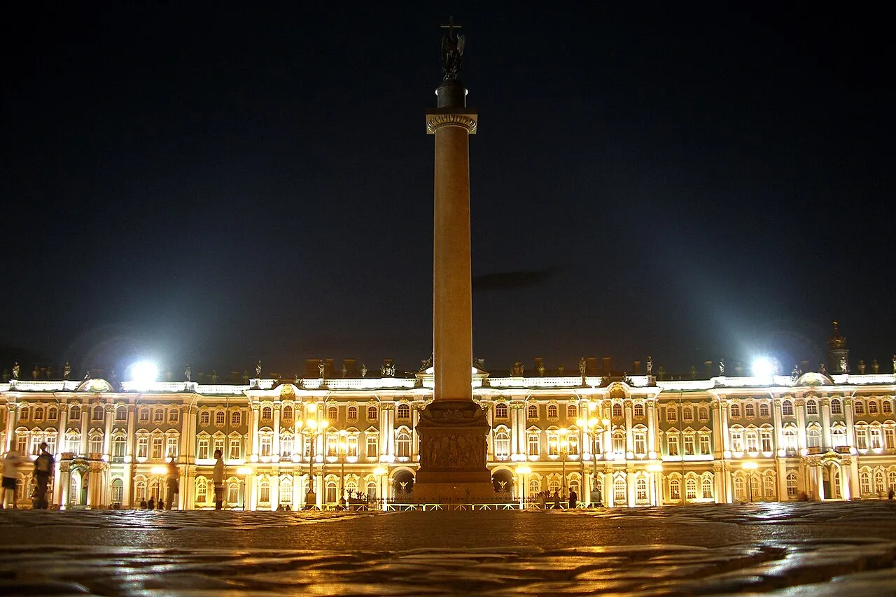 The Winter Palace and Palace Square in St Petersburg at night (file photo). US envoy Steve Witkoff met President Putin in St Petersburg on Wednesday, a day after talks with Zelenskiy in Norway. This photo does not depict the meeting or any event reported in this article.