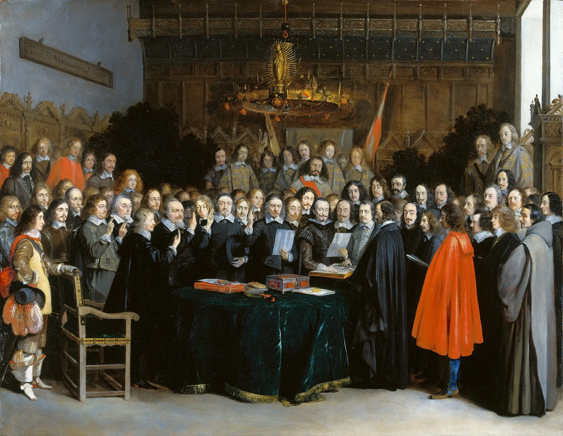 Gerard ter Borch's 1648 painting of the swearing of the Treaty of Münster, the ceremony that ratified the Spanish-Dutch peace in May 1648 — the first of the Westphalian settlements. Painted the same year, it is a depiction of diplomacy, not of the war's combat.