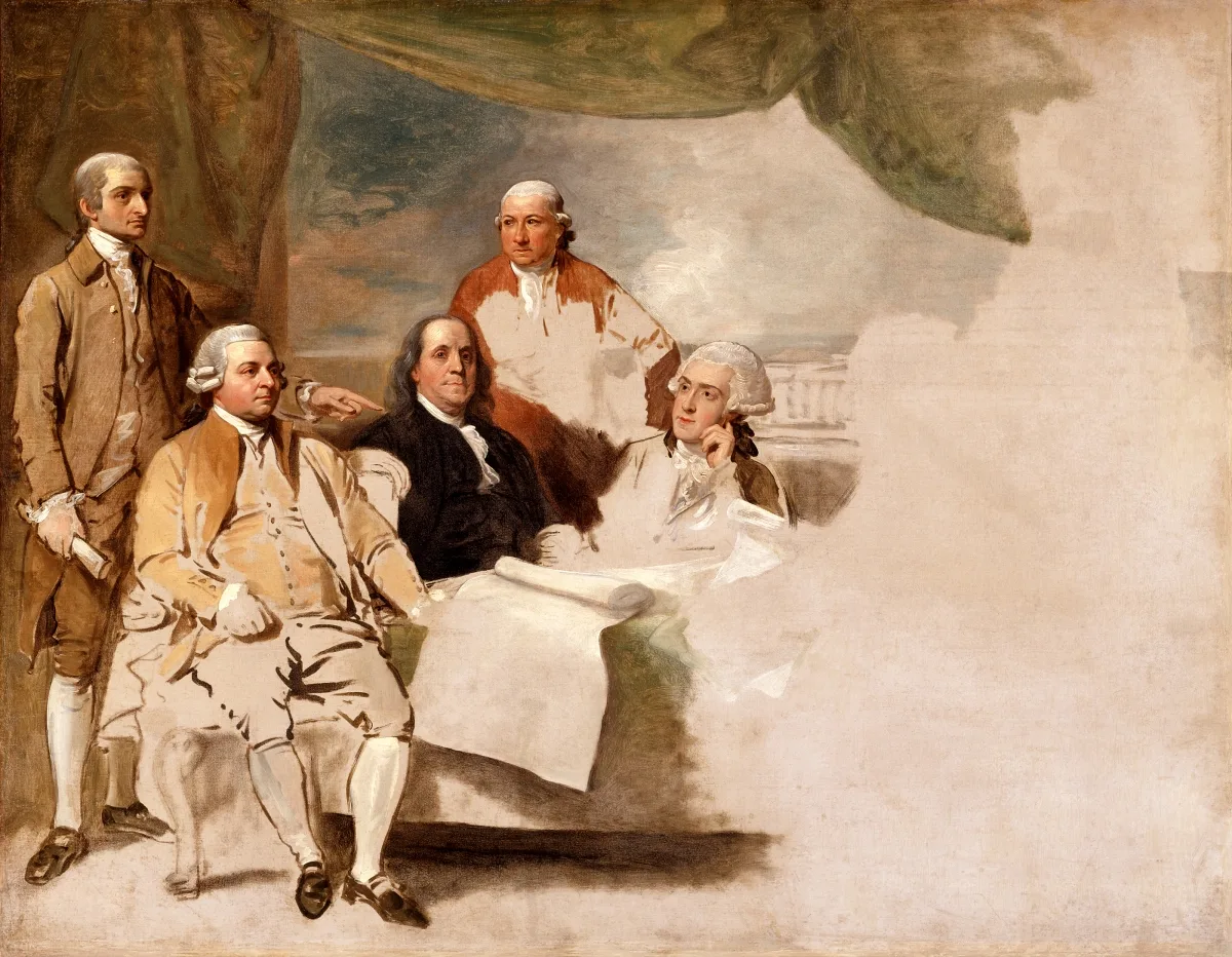 Benjamin West's unfinished painting of the American commissioners for the peace negotiations of 1782-83 — from left, John Jay, John Adams, Benjamin Franklin, Henry Laurens and William Temple Franklin. The British commissioners refused to sit, so the right side of the canvas was never completed. - Benjamin West, via Wikimedia Commons (public domain)