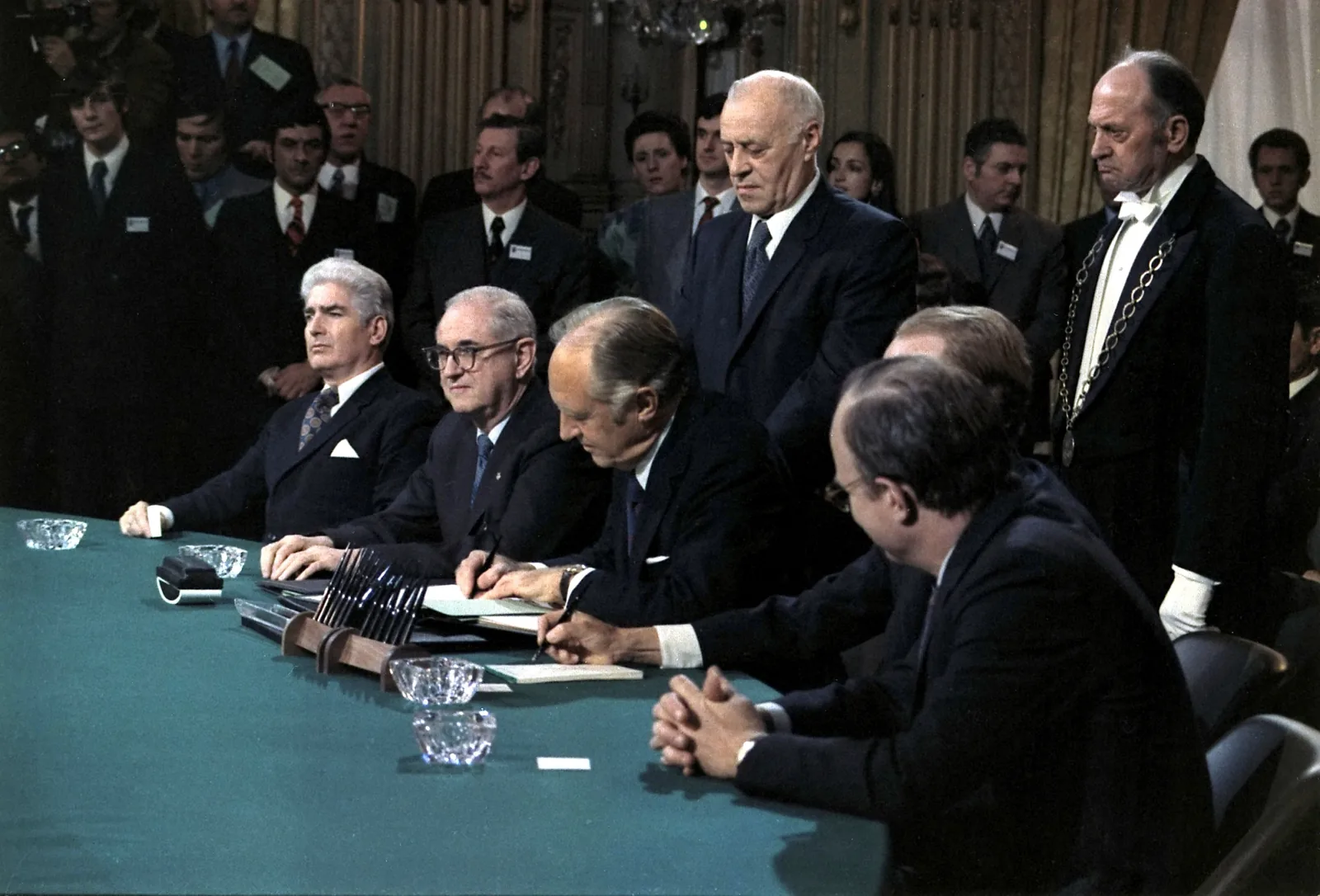 U.S. Secretary of State William Rogers signing the Paris Peace Accords, 27 January 1973.