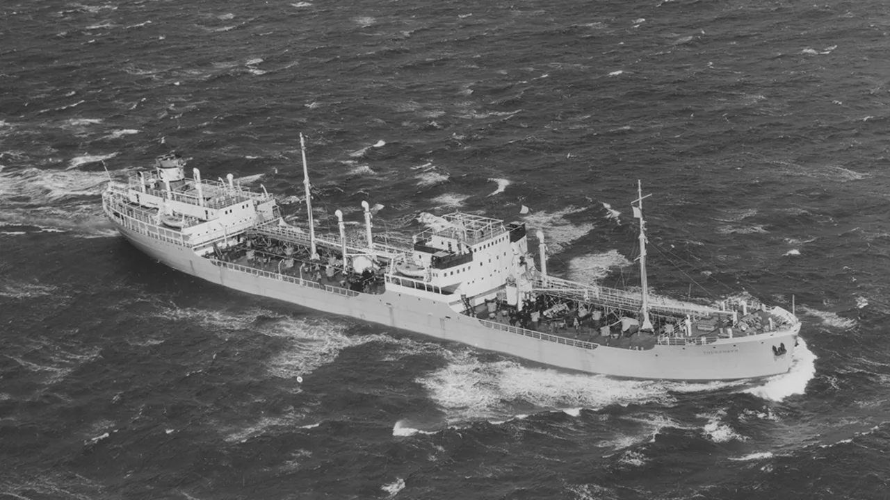 The oil tanker Thorshavn on sea trials, in an archival photograph. File photo — it does not depict any vessel or event in this article.