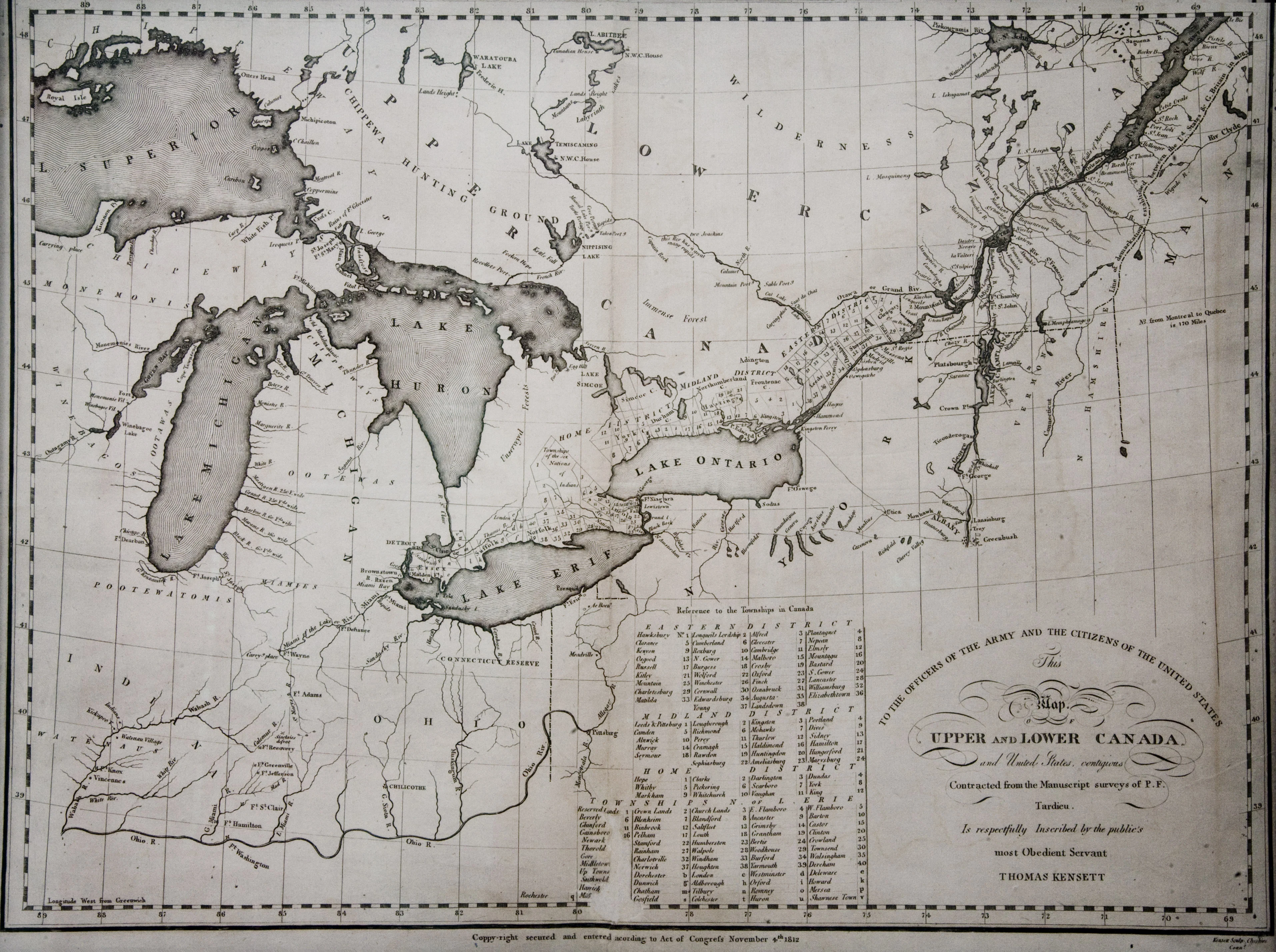 Archival 1812 map of the Great Lakes, Upper and Lower Canada, and the contested borderland, engraved by Thomas Kensett and entered for copyright on 4 November 1812. The war's decisive northern theater was fought across this country. - Map: Thomas Kensett, via Wikimedia Commons (public domain)