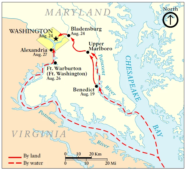National Park Service map of the British land and sea advance on Washington, D.C., August 1814 — Bladensburg (Aug. 24) to Washington (Aug. 24) and Alexandria (Aug. 27). An archival reference map, not a depiction of combat.